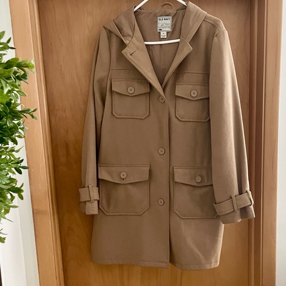 Old Navy Wool Blend Tan Utility Pea Coat hooded size XL long line - Picture 1 of 5